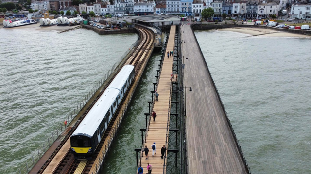 Isle of Wight: Railway line between Ryde Pier Head and Ryde Esplanade reopens: SWR train running on Ryde Pier July 2023