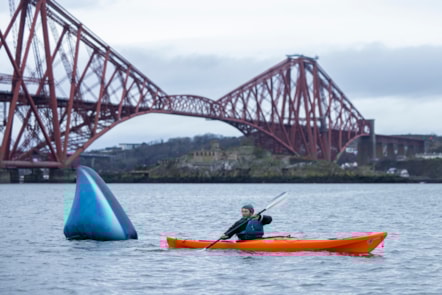 Sami Poole flees a Megalodon in the Firth of Forth ahead of Giants exhibition. Photo © Duncan McGlynn (3)