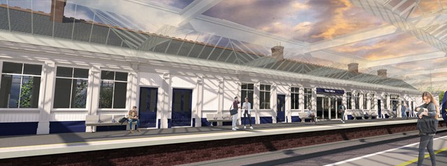 Troon station redevelopment - option 1 rail side: Three concepts have been presented for the redevelopment of the fire-damaged Troon station platform 1 building.