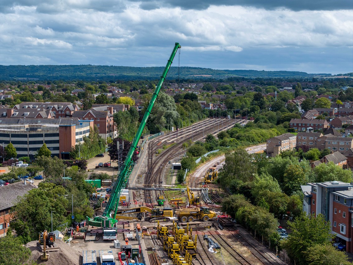 Aerial shot of the crane used to lift the concrete sections into place in Aylesbury