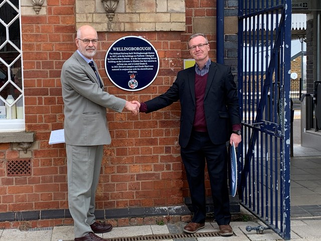 Station restoration: Heritage plaques revealed at Kettering and Wellingborough: Wellingborough plaque unveiling. Andy Savage, Executive Director for Railway Heritage Trust (left), Dr Toby Driver, great-great-grandson of Charles Henry Driver (right)