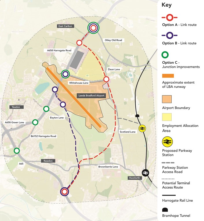 Final week of public engagement on Leeds Bradford Airport and north west Leeds connectivity improvement plans begins : overviewoptionsandparkwaymap-557307.jpg