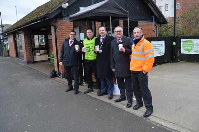 Life-saving railway coffee cart at Tile Hill: Martin Frobisher, London Northwestern MD; Matthew Chatterton, barista; Mark Killick, LNW chief operating officer; Neil Bamford, London Midland director; Richard Godwin, Network Rail suicide prevention lead