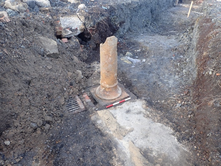 Train station excavation: Remnants of one of the station’s huge cast iron pillars, which would once have held up the roof while passengers made their way around its platforms. The impressive iron columns also doubled as rainwater down pipes. Credit CFA Archaeology Limited.