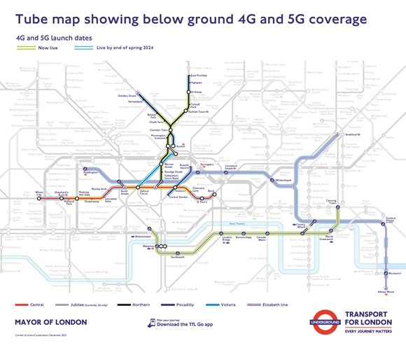 TfL Image - TUBE MAP SHOWING BELOW GROUND 4G AND 5G COVERAGE DEC 2023 V2