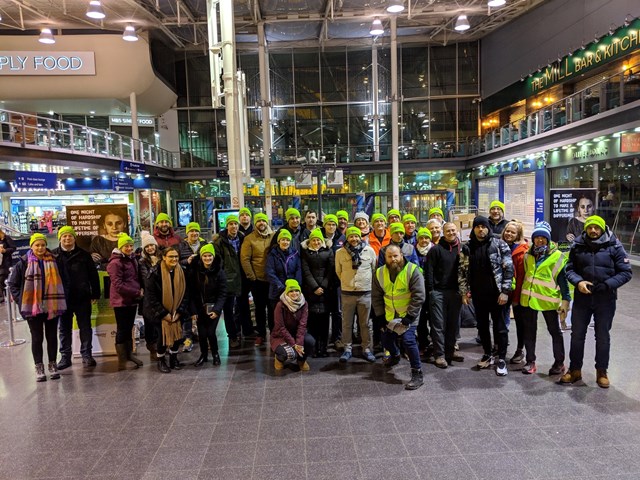 Everyone who took part in the Railway Children sleep out at Manchester Piccadilly