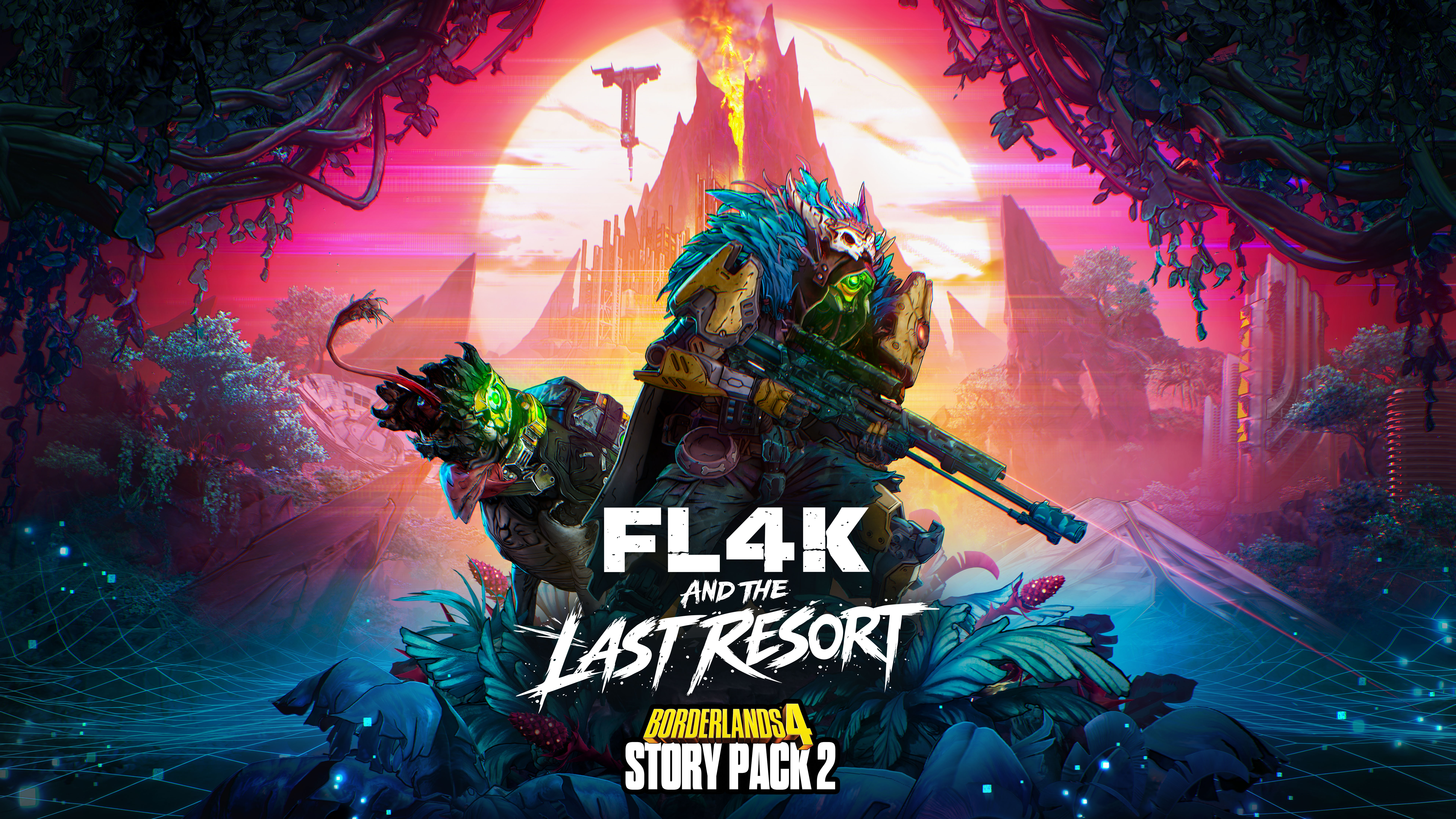 Key art for Borderlands 4 Story Pack 2: FL4K and the Last Resort showing FL4K and Loveless on the tropical island of Providence