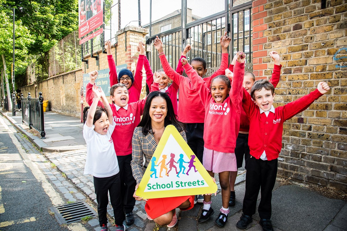 Pupils at Winton Primary School, Islington's 10th school with a school street, with Cllr Claudia Webbe