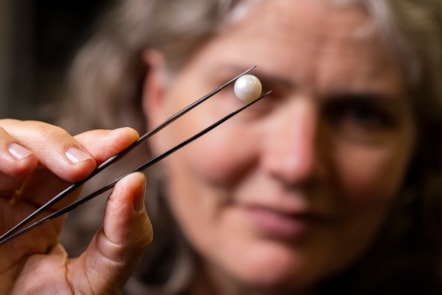 Dr Rachel Walcott, Principal Curator of Earth Systems at National Museums Scotland with the Abernethy Pearl. Image copyright Duncan McGlynn (2)