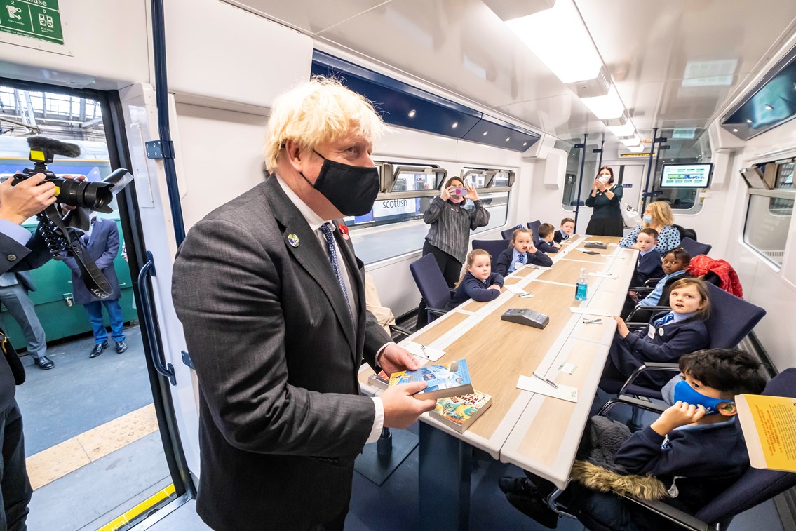 The Prime Minister met with children from St Roch's Primary School whilst visiting Glasgow Central to view the green trains