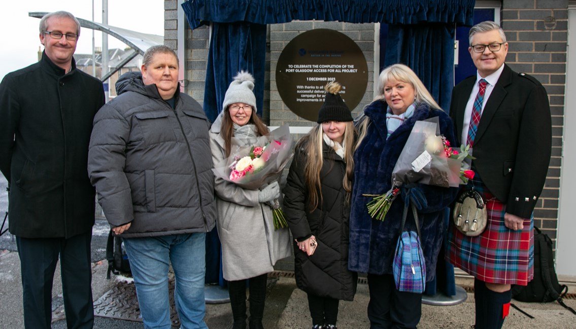 Cllr Paul Cassidy, Andrew, Angela and Jacqueline Hurrell, Sylvia MacLeod and MSP Stuart McMillan at the Port Glasgow AfA opening event