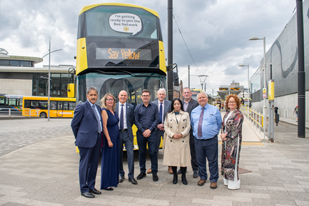 Andy Burnham (Mayor of Greater Manchester, fourth from left) with Lee Wasnidge (MD Stagecoach Manchester, third from left) at today's press announcement. 
Full attendees (from L to R):
Cllr Shah Wasir, Rochdale Council (Portfolio Holder for Highways)
Cllr Lucy Smith Deputy Leader, Bury Council
Lee W