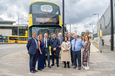 Andy Burnham (Mayor of Greater Manchester, fourth from left) with Lee Wasnidge (MD Stagecoach Manchester, third from left) at today's press announcement. 
Full attendees (from L to R):
Cllr Shah Wasir, Rochdale Council (Portfolio Holder for Highways)
Cllr Lucy Smith Deputy Leader, Bury Council
Lee Wasnidge, Managing Director Stagecoach Manchester
Andy Burnham, Mayor of Greater Manchester
Ian Humphreys, First Bus
Matt Rawlinson, Diamond
(then onto the front row again)
Cllr Arooj Shah, Leader, Oldham Council
Cllr Neil Emmott, Leader, Rochdale Council
Lorna Fitzsimons, GM Business Board