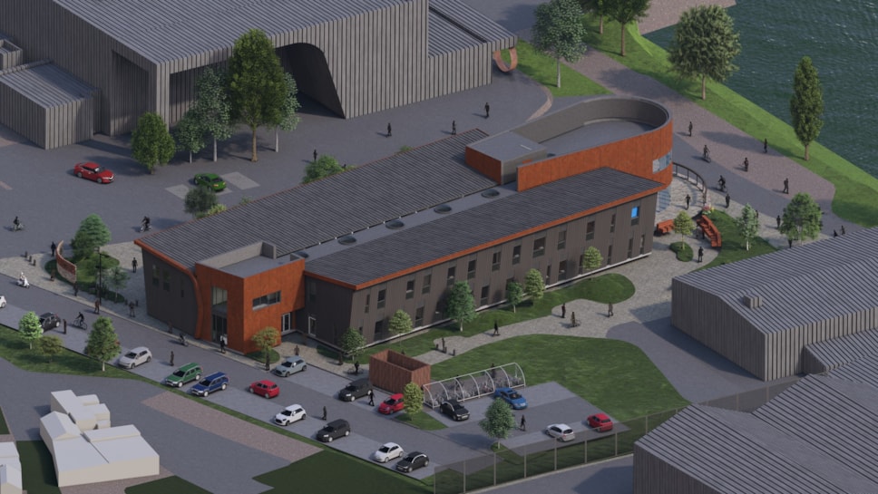 Ortographic view of the University of Cumbria Barrow campus, including proposed extension (November 2024)