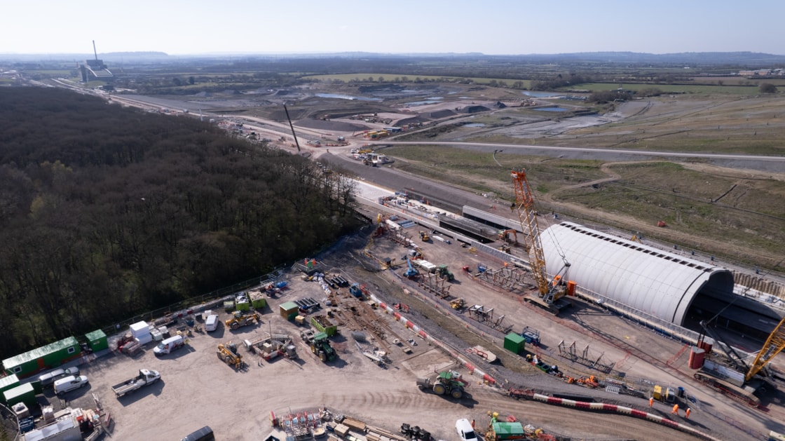 Aerial view showing the green bridge that will form the north portal of the Bat Protection Structure April 2025