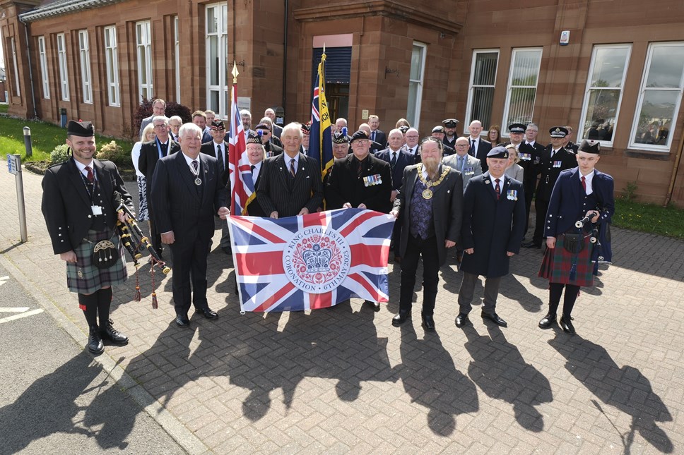 Provost Todd, Stuart Finlay, William Stafford, David Dickson lead the Coronation flag-raising ceremony