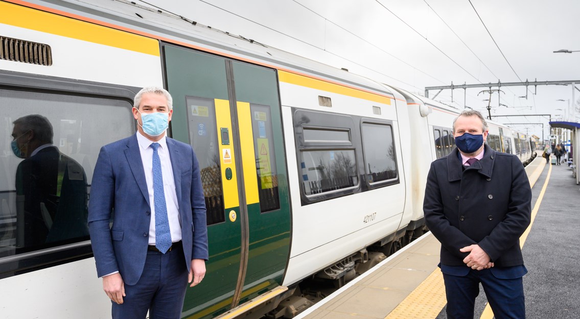 Kings Lynn 11 December eight carriage train event (7): (Left to Right) Stephen Barclay MP, Keith Jipps GTR Infrastructure Director welcoming the first eight-carriage train at Littleport station