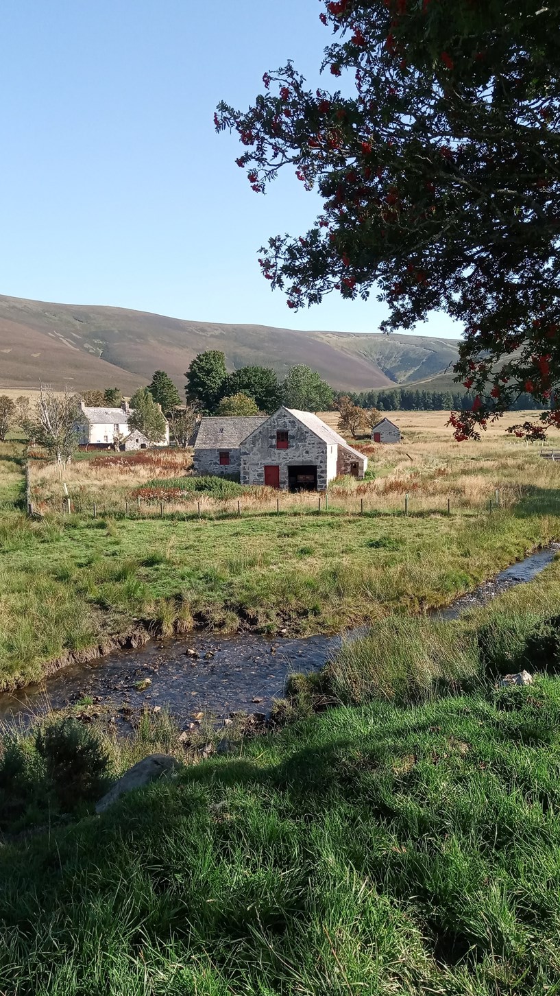 Two mill buildings sit in an open landscape against the backdrop of a low brown hill, a pale blue sky. A slim stream meanders past.