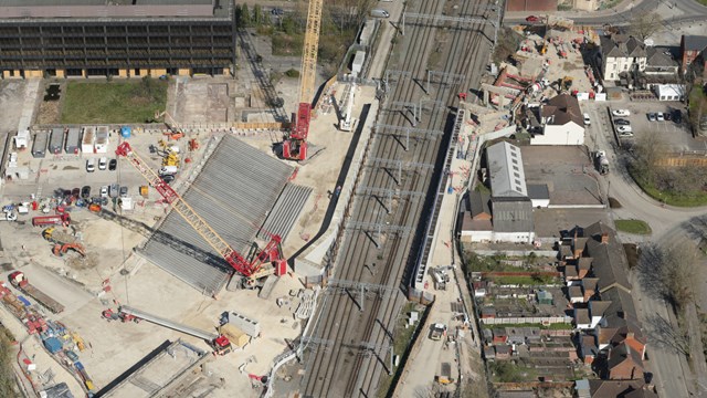 Stage set for May bank holiday heavy lifting over West Coast main line: Overhead shot showing precast concrete beams in position ahead of West Coast main line closure at Bletchley - Credit Network Rail Air Operations