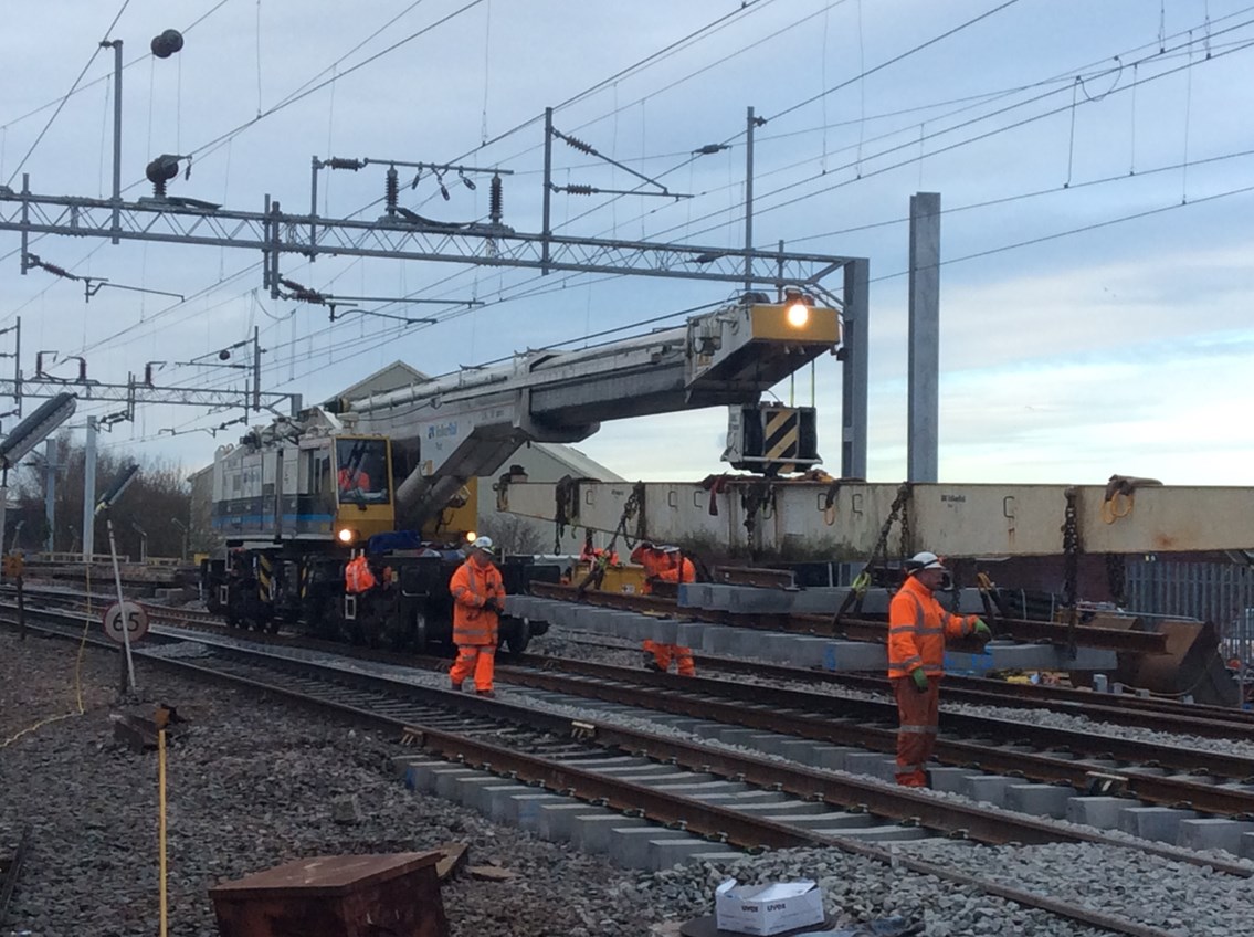 Track being lifted into place between Birmingham and Wolverhampton