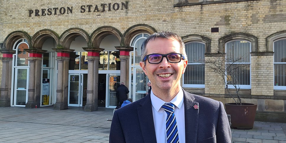 County Councillor Aidy Riggott outside Preston Railway Station