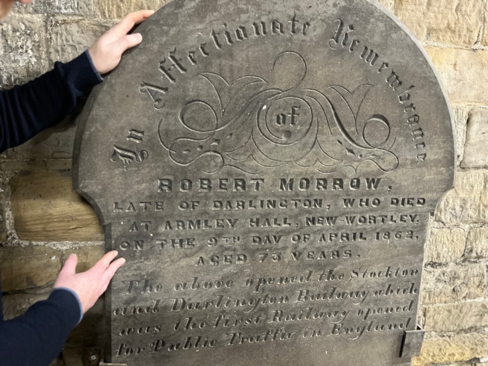 Robert Morrow's grave: During recent renovation work at Leeds Industrial Museum in Armley, curators happened upon the beautifully carved gravestone of Robert Morrow, more than 160 years after his death in nearby New Wortley. Curator John McGoldrick is picture here with the headstone.