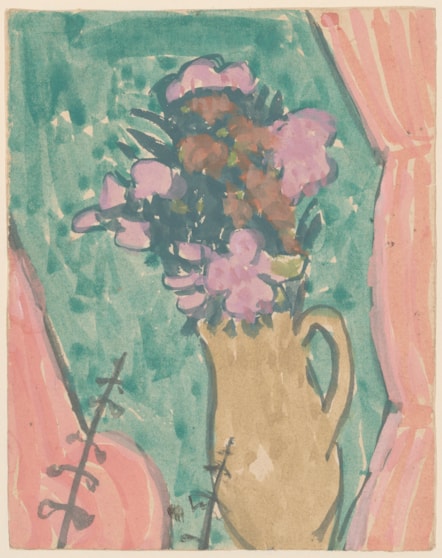 Image of Gwen John's watercolour on paper of lilac flowers in a light brown jug set against a vivid green background