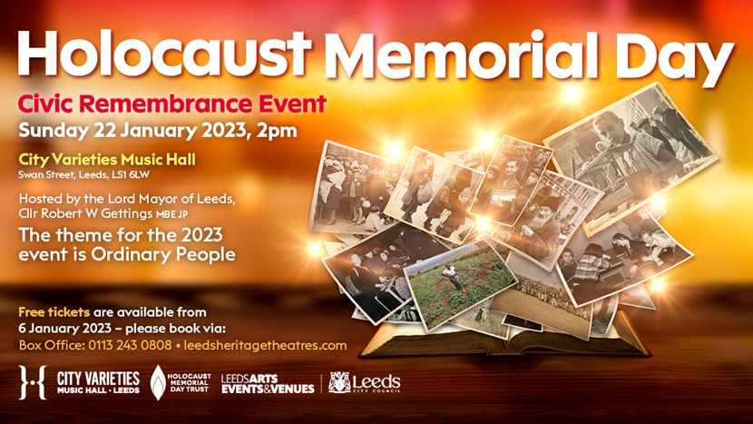 Lord Mayor of Leeds welcomes Auschwitz-Birkenau Foundation chief executive to Holocaust Memorial Day service: LCC HMD 2023 Big Screen Ad 1024x576px