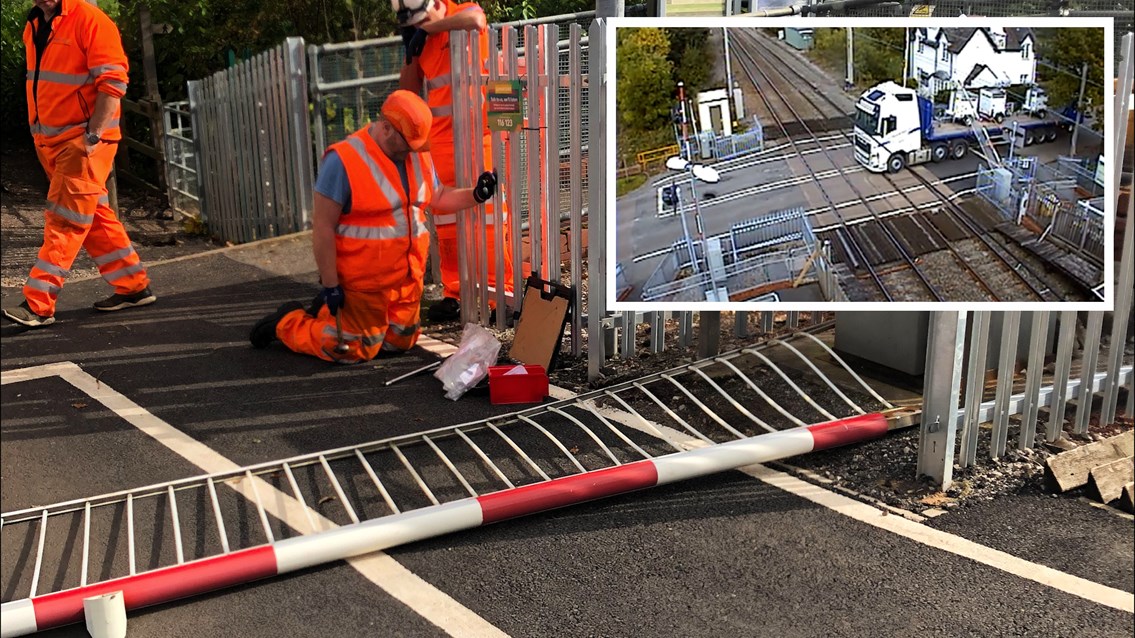 CCTV released showing lorry reversing into level crossing barriers in Stoke: Wedgwood station level crossing strike composite