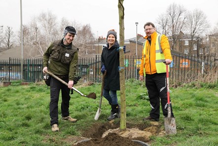 From left to right: James Robinson-Tillet (Islington Council Tree Officer); Orla Tabley (Islington Council Tree Officer); Andrew Bedford (Islington Council's Head of Greenspace and Leisure Services)