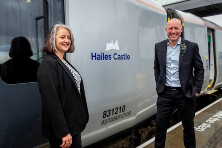 Rachel Sydeserff, Historic Environment Scotland’s District Visitor and Community Manager and Chris Jackson, Managing Director of TPE with the 'Hailes Castle' train