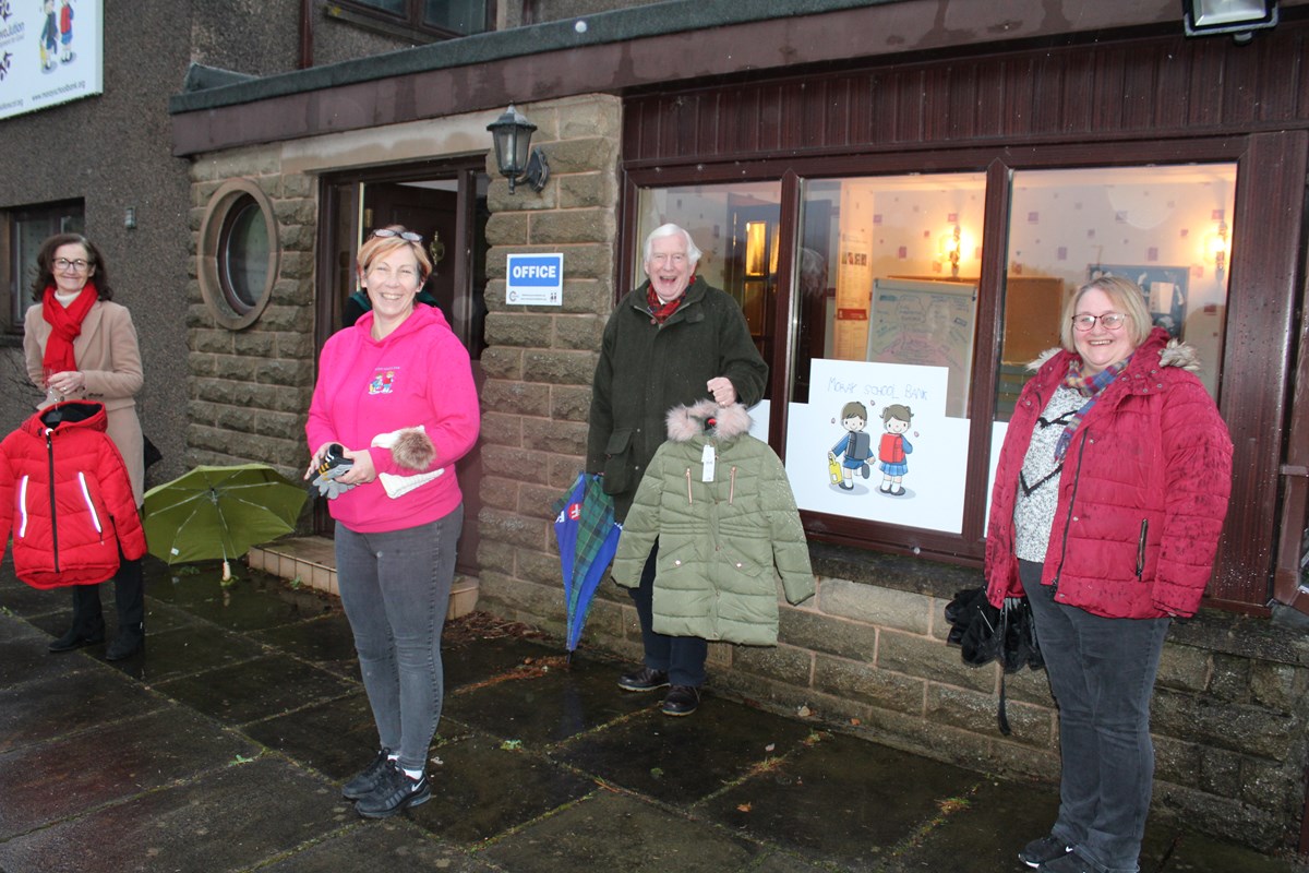 left to right: Nancy Robson, Vice Lord-Lieutenant; Debbie Kelly of Moray School Bank (MSB); Lord-Lieutenant of Moray, Seymour Monro and Debbie Weir of MSB.