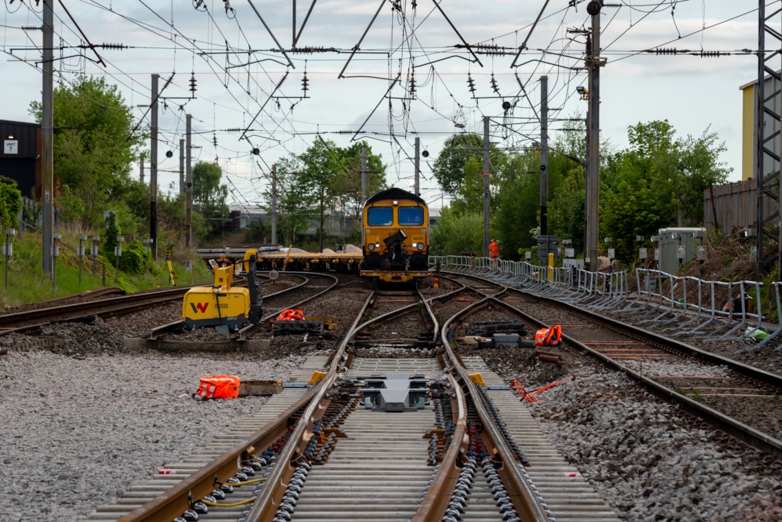 Warrington - Dallam Junction engineering train behind new switches and crossings