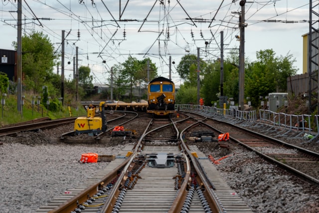 Warrington - Dallam Junction engineering train behind new switches and crossings: Warrington - Dallam Junction engineering train behind new switches and crossings