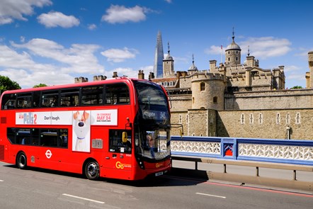 A Go-Ahead London bus passing the Tower of London