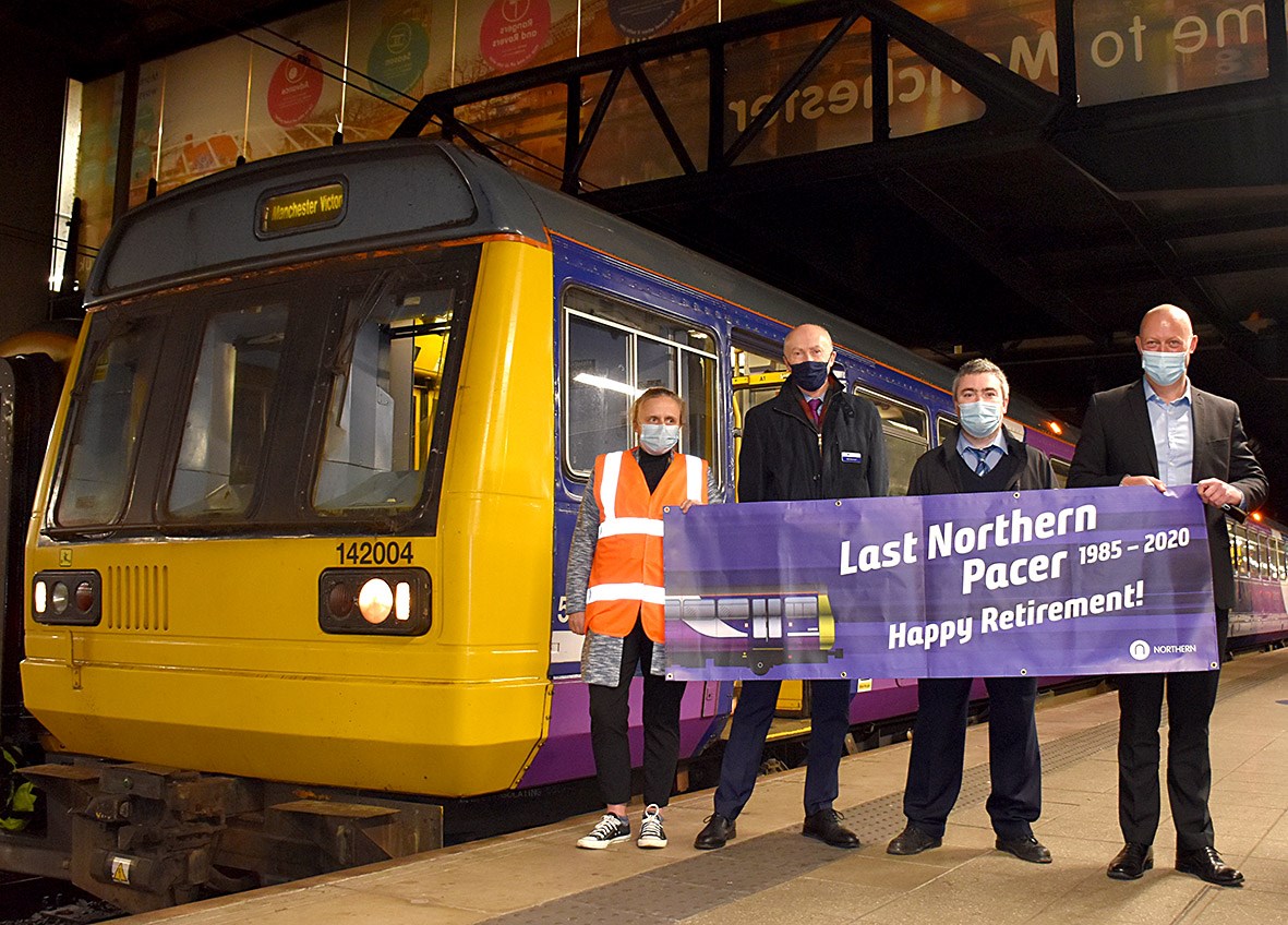 Retiring Pacer at Manchester Victoria: Pictured with Pacer 142004 are (l-r) Becky Styles, Community  and Sustainability Manager, Nick Donovan, Managing Director, Jason Ward, Driver and Chris Jackson, Regional Director