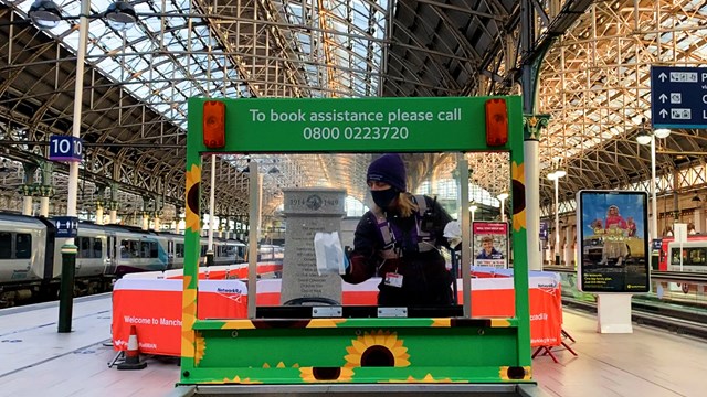 Tests show no traces of Covid-19 at Manchester Piccadilly station: Manchester Piccadilly cleaning assistance buggy stock shot