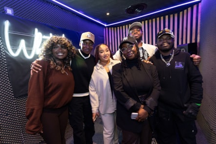 In the new White Lion Studio is Little Simz, second left, with performers and young people from Lift, including Tyrese, furthest right