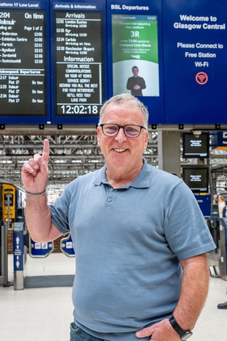 Avanti West Coast Fleet Interface Engineer, Gerry Bowie, was greeted with a special message at Glasgow Central