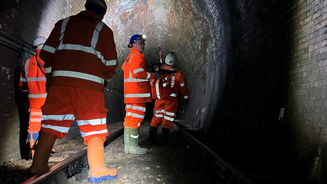 Surveys result in closure of railway between Whitehaven and Corkicle: Network Rail inspection team in Whitehaven tunnel November 2023