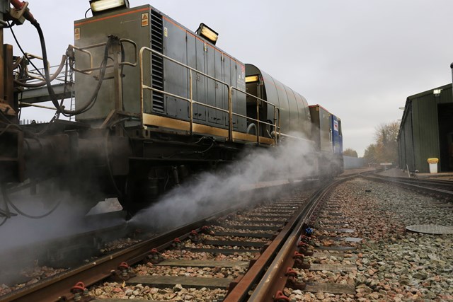 Leaf-busting train at work, Tonbridge: Leaf-busting train at work, Tonbridge