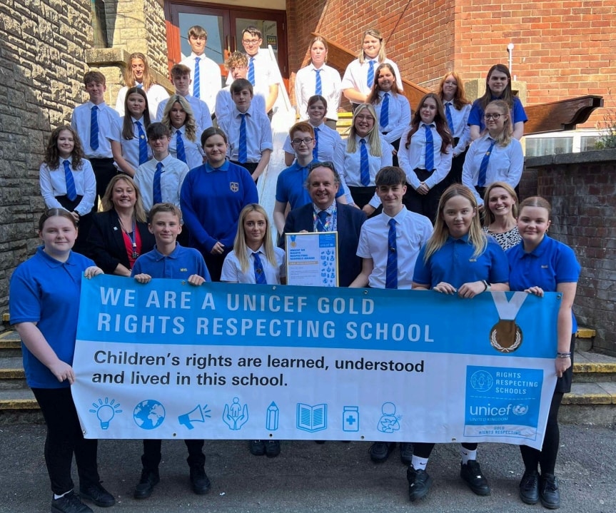 Milford Haven School pupils with the UNICEF Gold Award