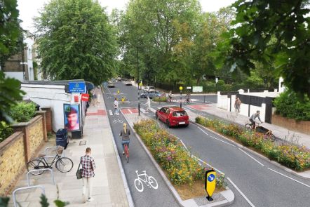 An artists impression of an improved route between Nag's Head and York Way, showing cycle lanes, planting beds, and widened pavements