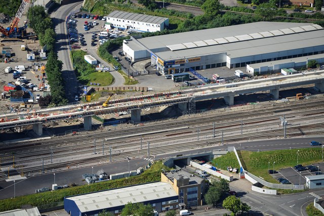 Aerial view of the viaduct at Reading, which is still under construction