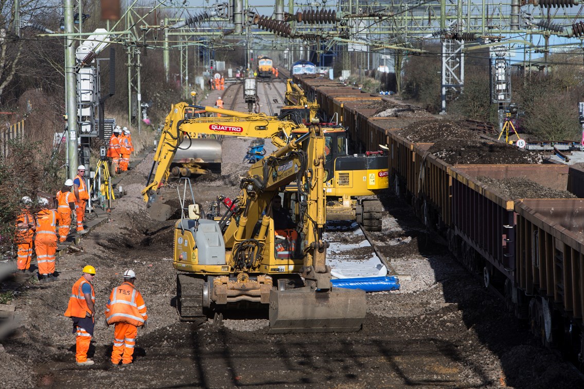 Engineers work to upgrade the railway at Witham, March 2015: Engineers work to upgrade the railway at Witham
