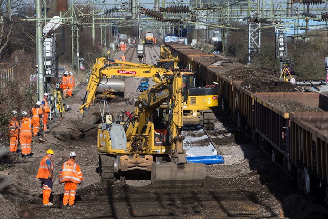 Engineers work to upgrade the railway at Witham, March 2015