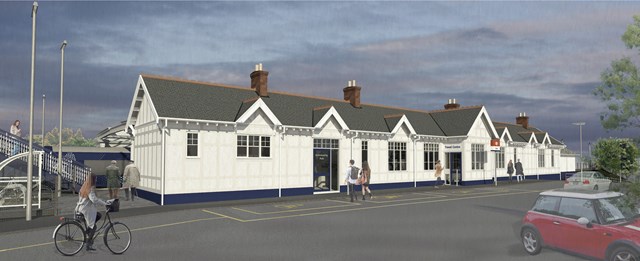 Troon station redevelopment - Option 1 external: Three concepts have been presented for the redevelopment of the fire-damaged Troon station platform 1 building.    Option 1 is a like for like replacement of the fire-damaged building.