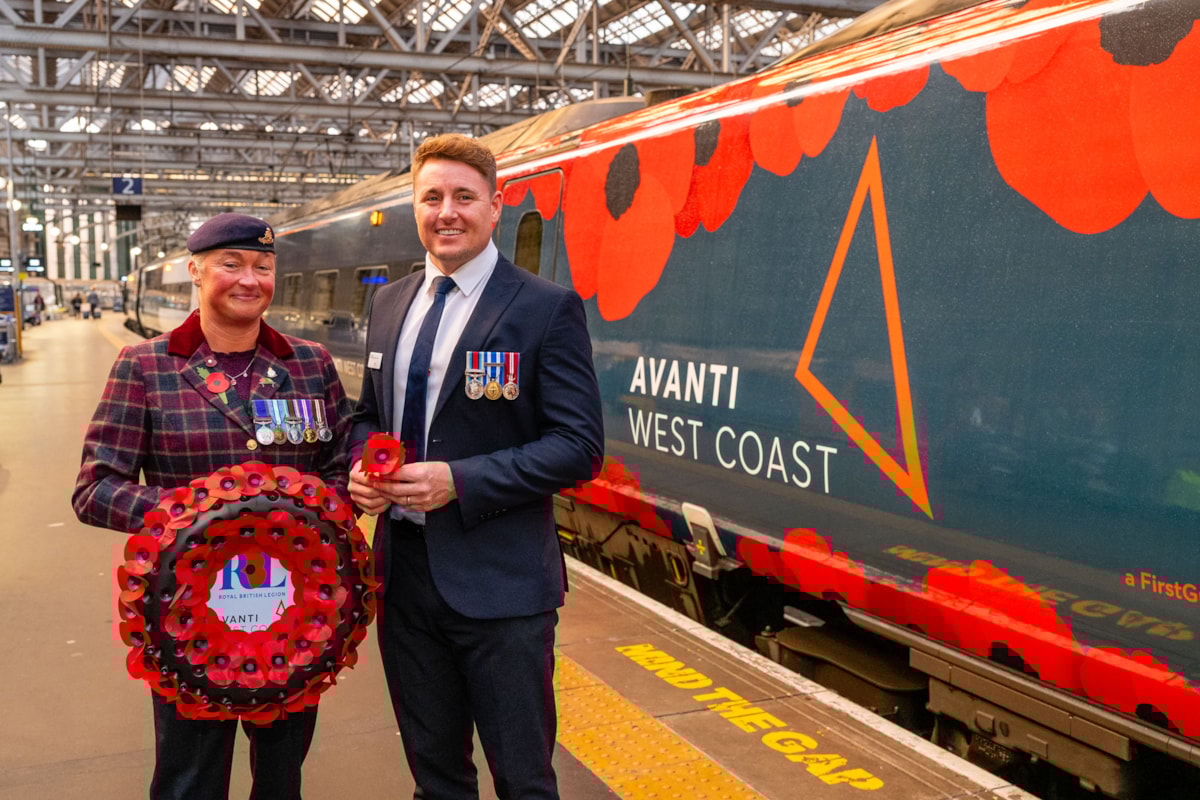 Avanti West Coast Engineering and Infrastructure Director Dean Duthie with Vicky Lawson from the Royal British Legion with the Poppy Train at Glasgow Central Station.