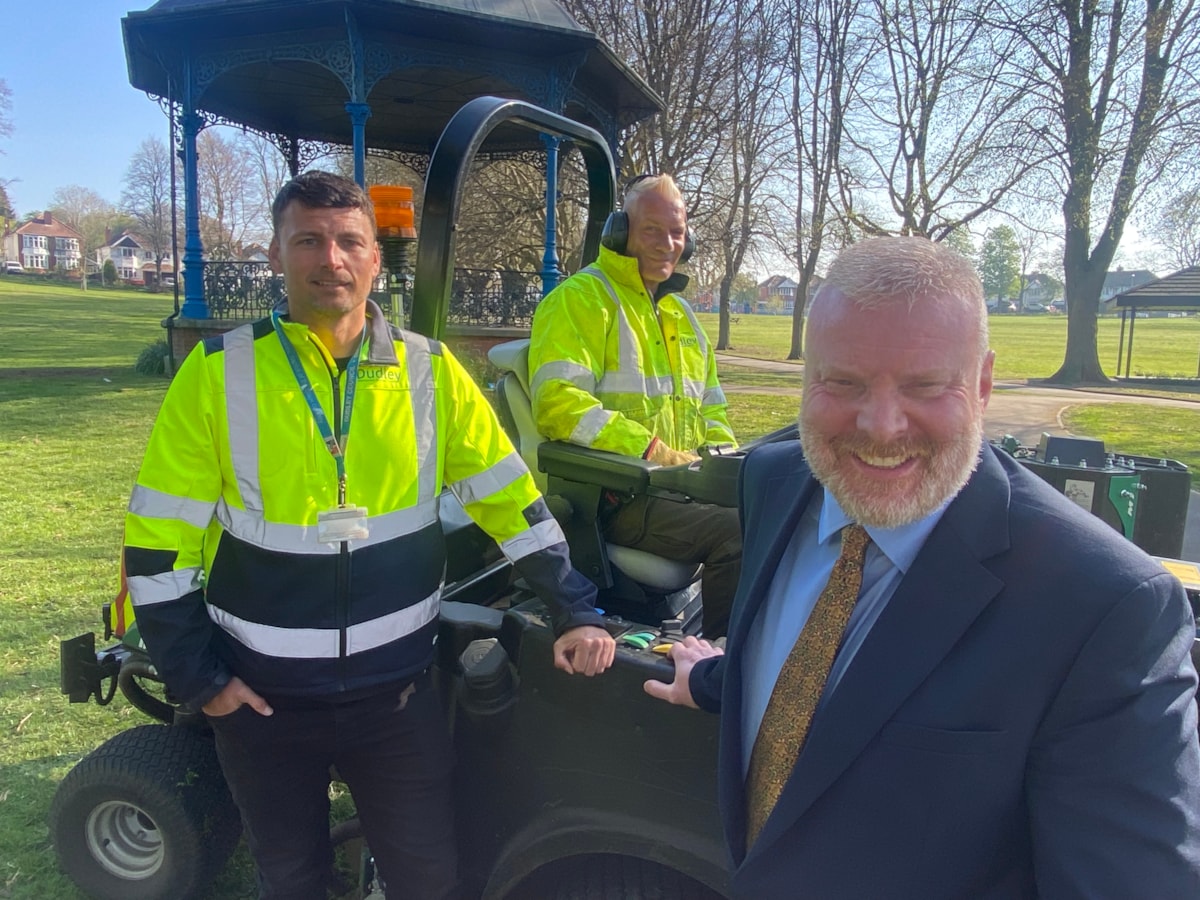 Carl Southall and Michael Edwards from the green care team with Councillor Damian Corfield