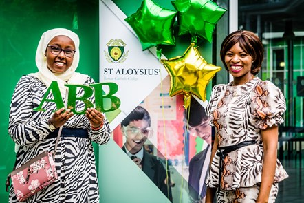 St Aloysius College student Ikram celebrates her A Level results with Cllr Michelline Ngongo
